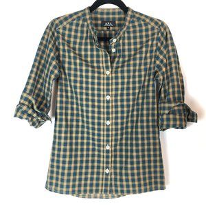 A.P.C. Cotton Plaid Button Down Grandad Collar
